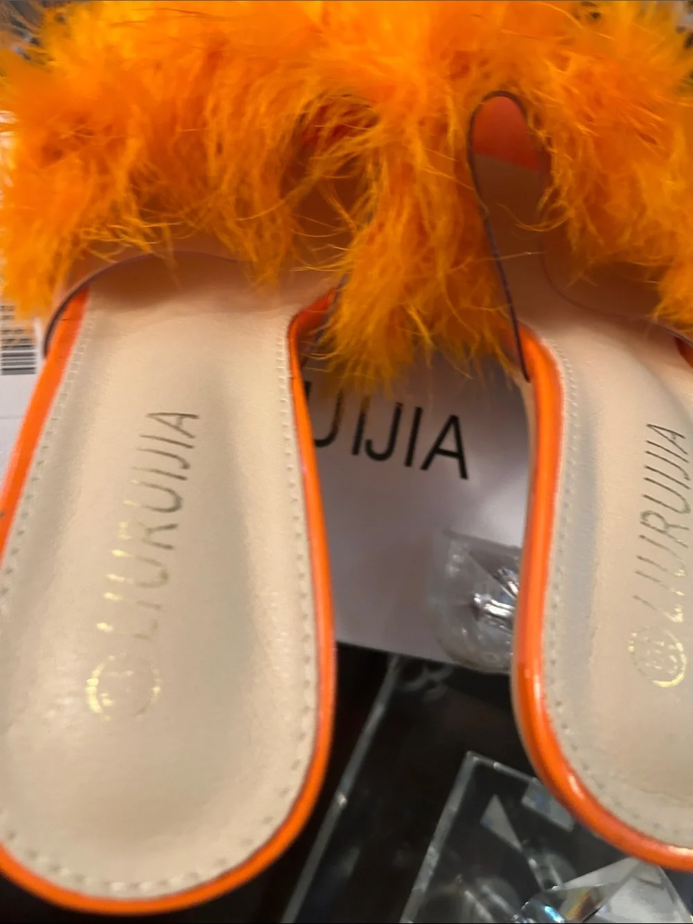 Fuzzy Feather Slide Sandal - Orange